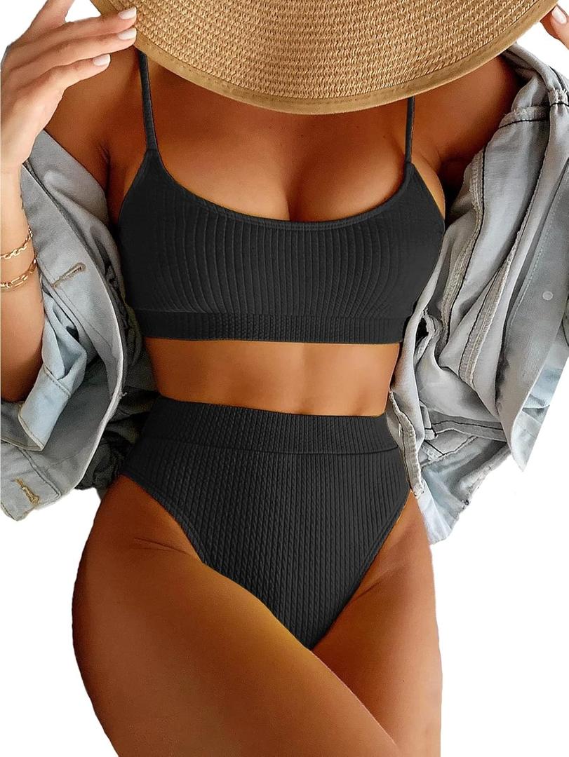 Lilosy High Waisted Tummy Control Ribbed Bikini Crop Top Brazilian Swimsuit Set 2 Piece (Medium, Black)