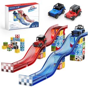 Magnetic Tiles Race Track Set, 52PCS STEM Educational Magnetic Building Blocks with 2 Race Cars, Montessori Sensory Travel Toys for Kids 3 4 5 6 7 8, Birthday for Boys & Girls