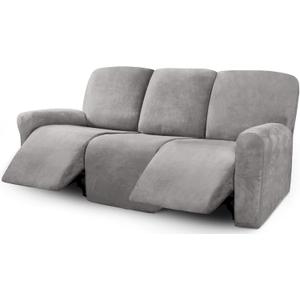 ULTICOR Velvet 8-Pieces Recliner Sofa Covers Stretch Reclining Couch Covers for 3 Cushion Reclining Sofa Slipcovers Furniture Covers Thick Soft Washable (3 Seater Recliner Cover, Light Grey)