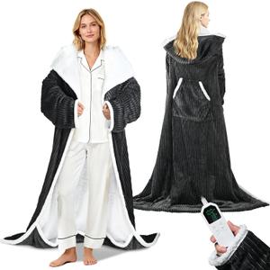 Electric Wearable Blanket with Foot Pocket, Heated Throw Blankets for Women, Snuggle Shawl Wraps with Sleeves (Black)