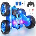 Remote Control Car, RC Cars with Strip Lights and Headlight, 2 Hours Long Battery Life, 4WD Double-Sided 360° Flips Rotating Stunt RC Car Toys, Birthday Gift for Boys Girls (Blue)