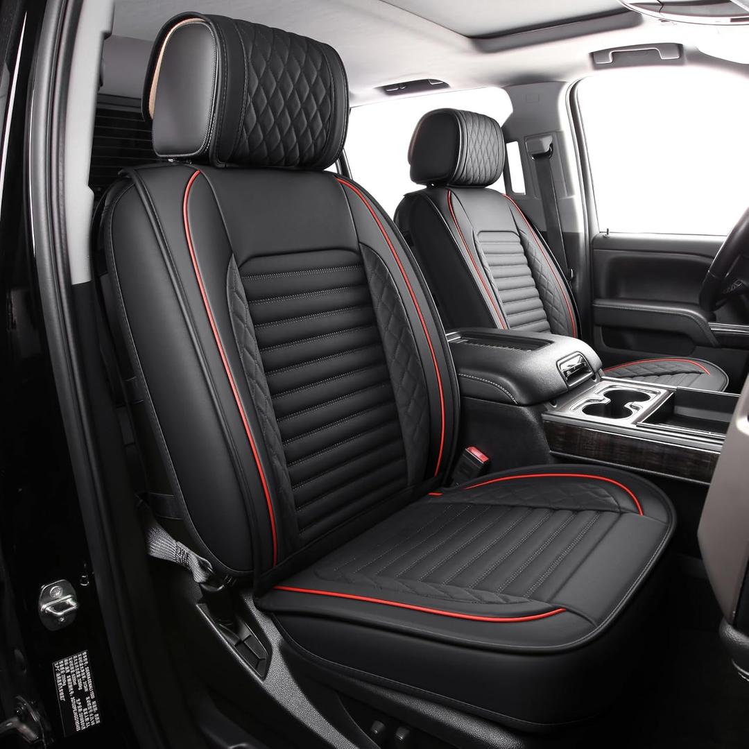 JOJOBAY Chevy Silverado Seat Covers,GMC Sierra Seat Covers,Custom Fit 2007-2025 1500 2500HD 3500HD Crew Double Extended Regular Cab,LT LZT RST Trail Boss(Front Pair, Black Red)