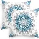 CaliTime Throw Pillow Covers Pack of 2 Cozy Fleece Mandala Dahlia Floral Medallion Compass Style Cushion Cases for Couch Bed Sofa Farmhouse Decoration 18 X 18 Inches Teal Grey