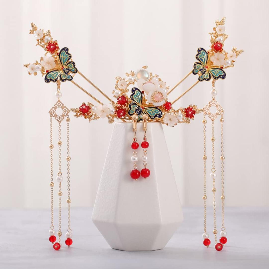Alloy Hair Sticks Pins Long Tassel Butterfly Flower Hanfu Chinese Hair Pins Comb Set of 1 Earrings Traditional Classical