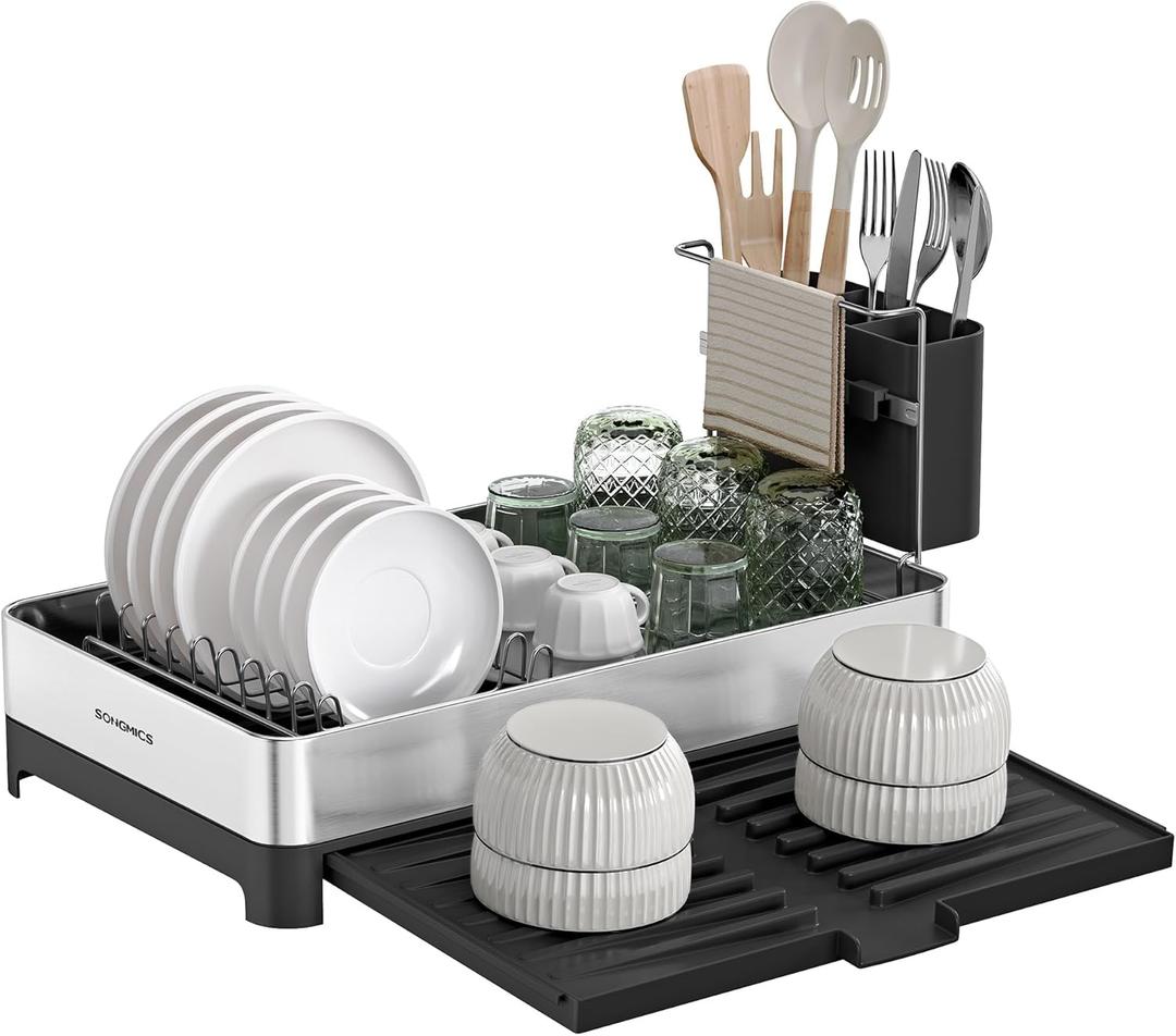 SONGMICS Small Dish Drying Rack, Expandable Dish Dryer for Kitchen Counter, Stainless Steel Dish Rack with Utensil Holder, Rustproof, for Dishes, Knives, Spoons, Forks, Silver and Black UKCS035B01 (Silver + Black)