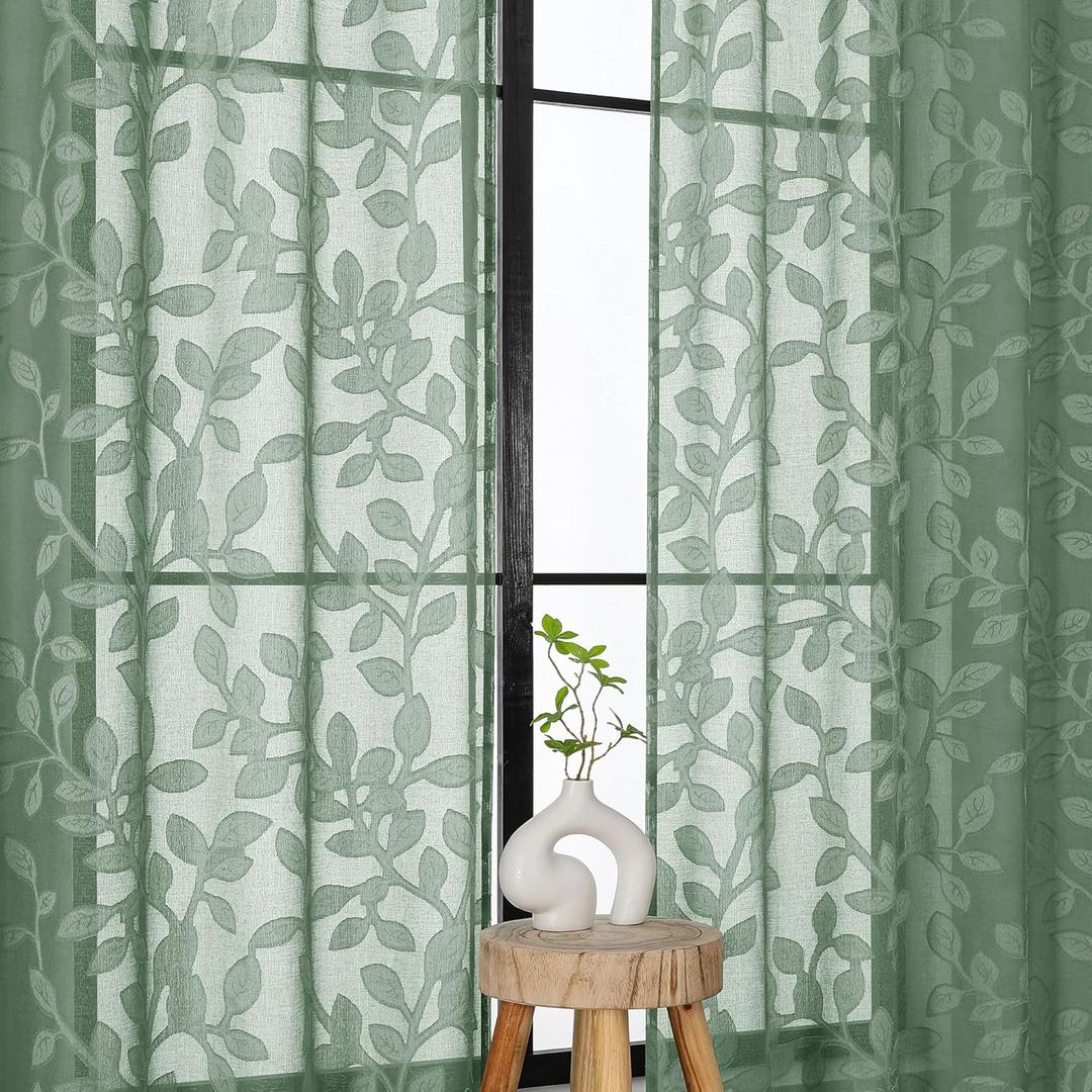 OVZME Sage Green Sheer Curtains 84 inches Long 2 Panels for Living Room, Jacquard Clip Leaf Pattern Textured Light Filtering Window Semi Sheer Voile Drapes for Bedroom, Each Panel 42 x 84 Inch