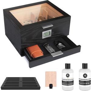 CASE ELEGANCE Glass Top Humidor with thick cedar, easy humidification system, accurate digital hygrometer - Mill, Black