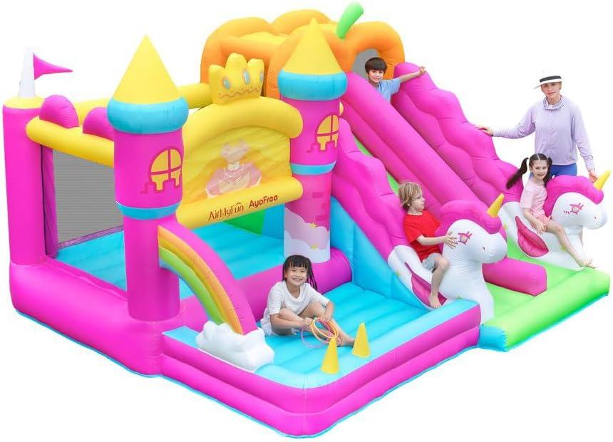 AirMyFun Inflatable Bounce House, Double Slide Bounce House, Pink Indoor Jumping Castle for Kids 3-8, 6 in 1 Princess Bounce House with 450 Blower