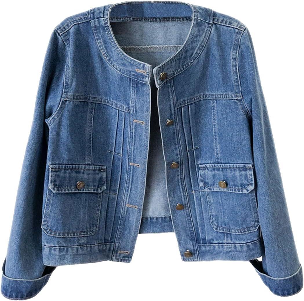 Womens Collarless Long Sleeve Denim Jacket Round Neck Button Down Jean Jackets (Blue, L)