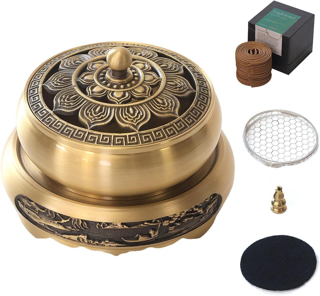 Brass Incense Burner Bowl, Lotus Shape, with Stick Holder & Incense net &Fire Cotton Incense Holder Cone Coil Incense Burner Ash Catcher with Lid for Indoor Office Dcor, Handicraft Gifts,Censer