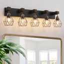 Farmhouse Bathroom Vanity Light Fixtures, 5-Light Wood Bathroom Light Fixtures Over Mirror, Rustic Sconces Wall Lighting with Elegant Metal Lampshade for Living Room, Bedroom, Hallway