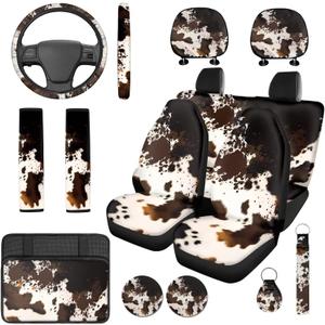 Brown Cow Print Car Seat Covers Set 14 Pcs with Steering Wheel Cover Seat Belt Cover Center Console Cover Head Rest Protector Fit Most Car, Truck, SUV, or Van