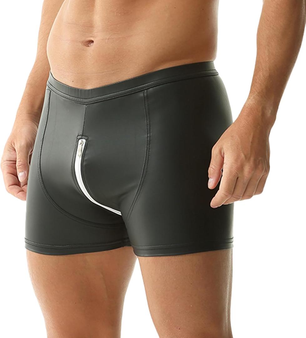 Men's Faux Leather Boxer Shorts Rave Shorts Zipper Closed Open Front and Back Short Pants Clubwear (Black, M)