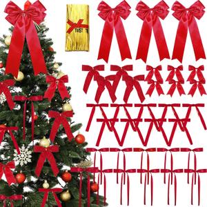 32 Pcs Christmas Red Velvet Bows Bulk for Christmas Tree Twist Tie Gold Stain Bows for Wreaths, Gift Wrapping, Garland, Xmas Tree Ornaments, Holiday Party Decoration