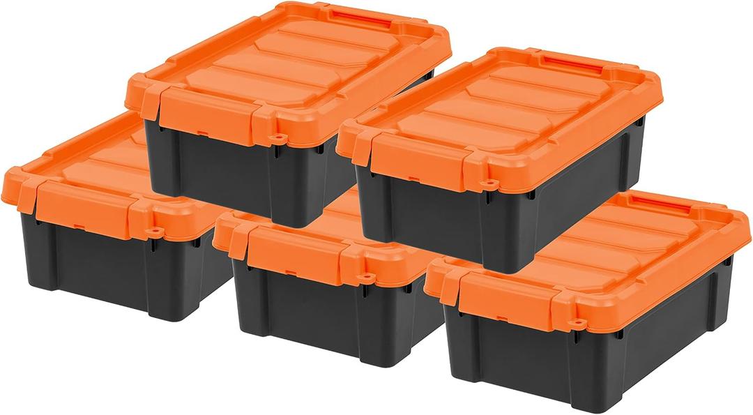 IRIS USA 3 Gallon Lockable Storage Bins with Lids, 5 Pack - Made in USA, Heavy Duty, Stackable Containers, Garage Organizing Bins Moving Tubs, Rugged Sturdy Equipment Utility Box - Black/Orange