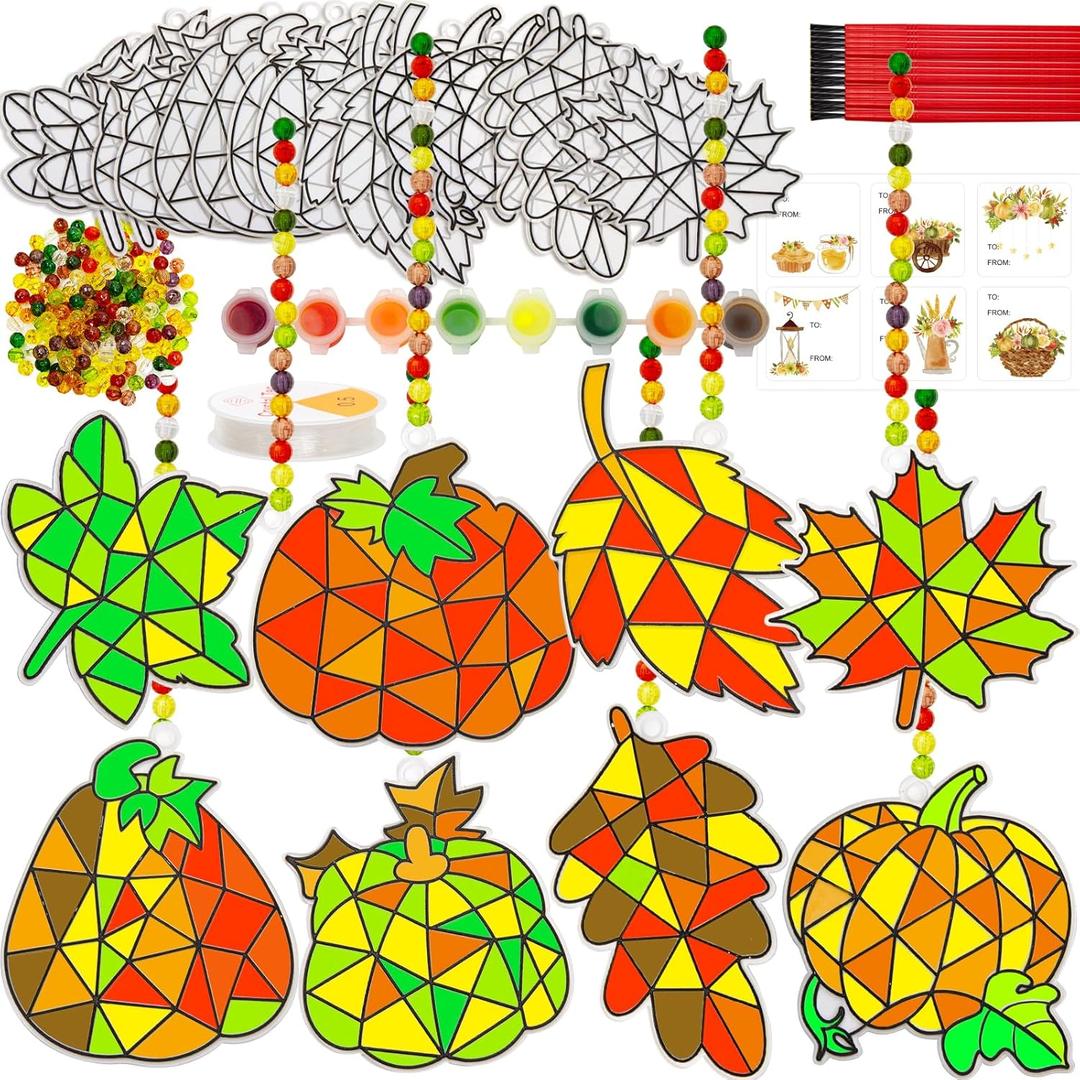 WorldBazaar Fall Pumpkin Suncatchers Craft for Kids 24 Sets Thanksgiving Window Art Suncatchers Ornaments Decoration Harvest Classroom Activity Party Supplies