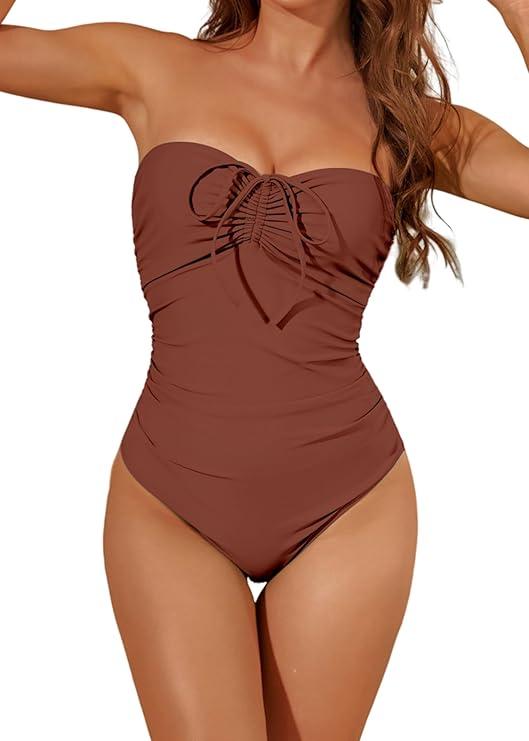 Women's One Piece Swimsuit Strapless Bandeau or Halter Bathing Suits Sexy Flattering Swimwear, XL