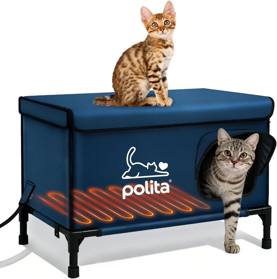 Polita Indestructible Heated Cat House for Outdoor Cats All Seasons, Extremely Insulated & 100% Weatherproof, Elevated Feral Cat Shelter with Waterproof Eaves &Safe Escape Door for Stray & Barn Cats (Dark Blue)