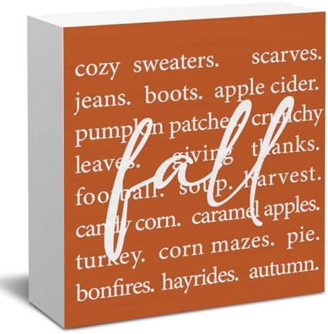 Fall Home Decor Autumn Harvest Wood Sign Fall Bathroom Decorations Farmhouse Home Table Desk Decor (5 x 5 Inches).   Fall Sign Decor, Football Fall Wooden Sign Decor Desk Sign Rustic Autumn Wooden Block Sign Rustic Home Shelf Wall Decoration