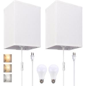 2 Pcs Adjustable Wall Sconces, 3 Color Temperatures (3000/4000/6000K), 9W LED Bulbs Included, Plug-in Industrial Lamps with Fabric Shades, On/Off Switch - Ideal for Bedroom, Living Room