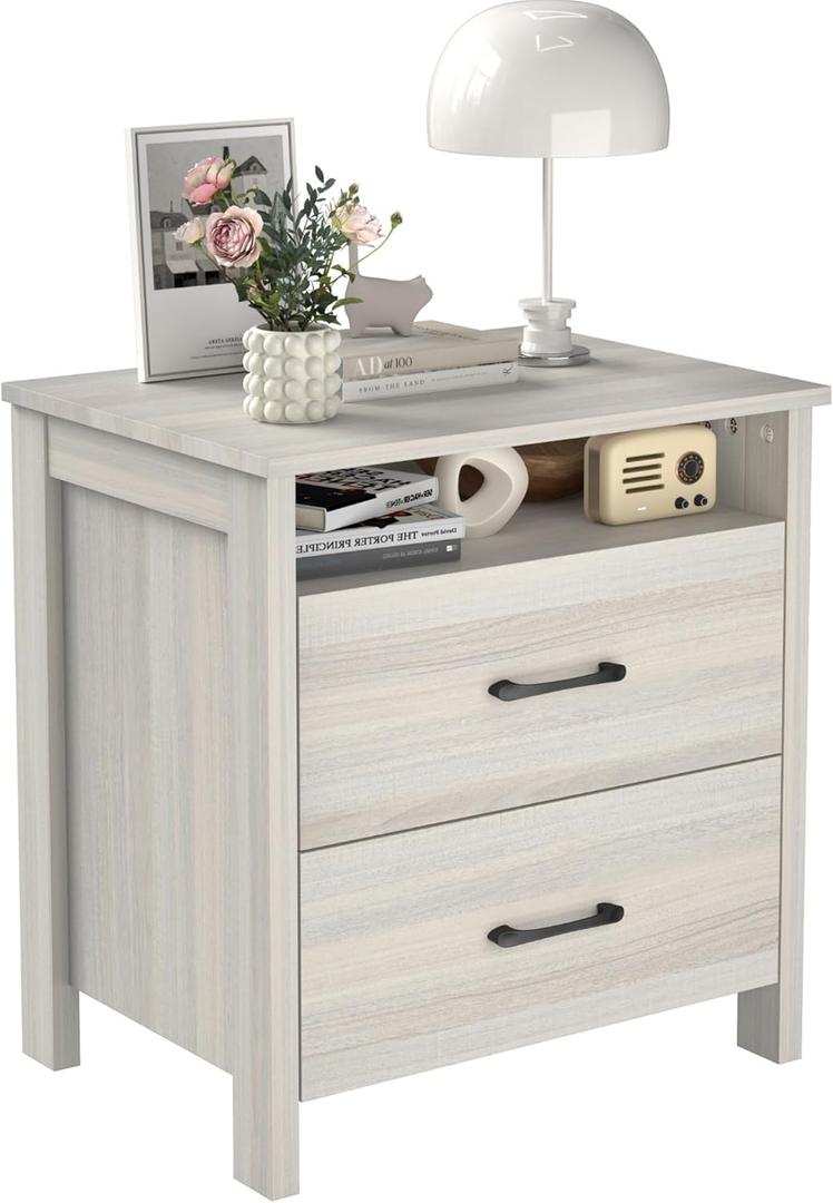Farmhouse Nightstand, Rustic Nightstand with 2 Large Drawers, Wood End Table with Storage Cabinet, Bedside Table for Bedroom, Gray (Grey)