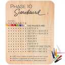 Phase 10 Score Board - 2025 Phase 10 Scoreboard Game, Phase 10 Card Game Wooden Made with 8 Colored Pegs, Phase 10 Scoreboard Round Tracker Board Card Games Night Table Score for Families, Adults