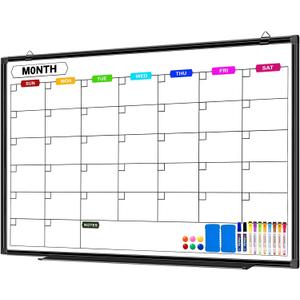 Dry Erase Calendar Whiteboard for Wall 36" x 24", Magnetic Monthly White Board Calendar Dry Erase with Tray, Black Aluminum Frame Bulletin Board for Office Home and School