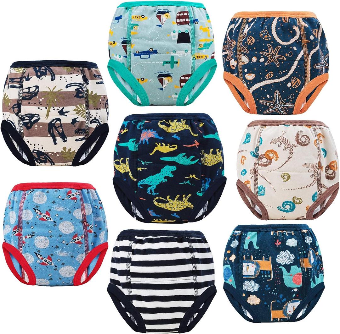 MooMoo Baby 8 Packs Potty Training Pants Cotton Absorbent Training Underwear for Toddler Boy and Girls  (3T, Dino)