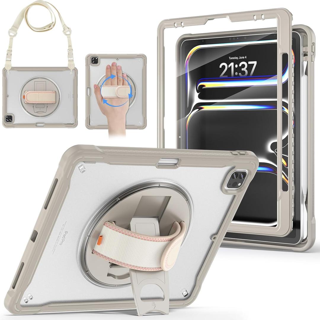 BRAECNstock case for iPad Air 13 Inch(M3/M2) 2025/2024 & Pro 12.9 inch 6th/5th/4th/3rd Generation 2022/2021/2020/2018 Cover with Screen Protector,Pencil Holder,360Rotate Stand,Khaki