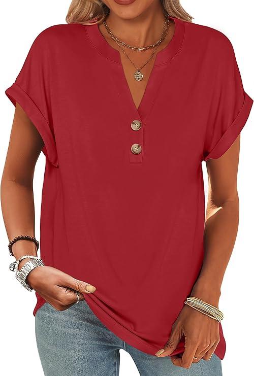 ANRABESS Womens Short Sleeve Henley Tops V Neck Dressy Casual Blouses Summer Trendy Tee Shirts 2025 Vacation Fashion Clothes, Size M