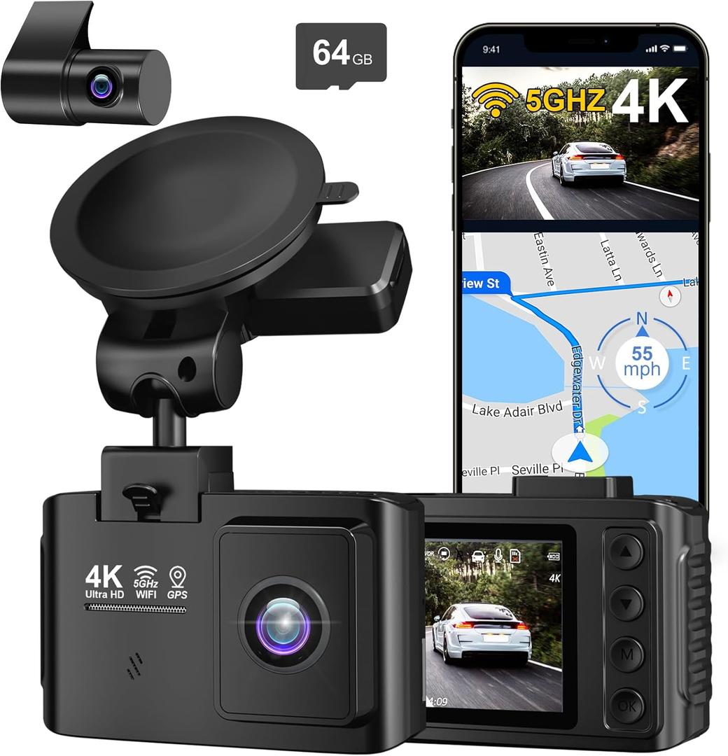 Dash Cam Front and Rear: 4K+2.5K Dual Channel Dash Cam-5GHz WiFi, GPS Dash Camera for Cars with 64GB Card, 2.0" IPS Screen, App Control,G-Sensor,Loop Recording,170Wide Angle,Night Vision,Parking Mode