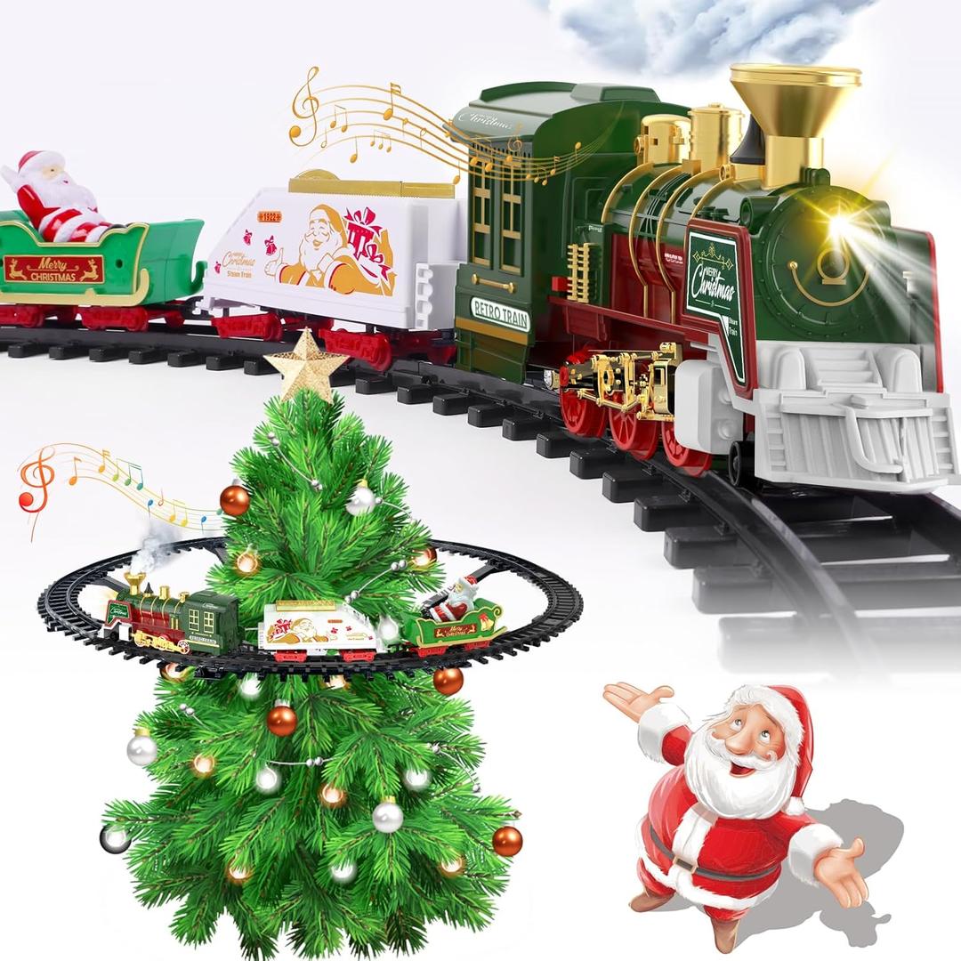 Christmas Train Set - Hanging Train Toys with Smoke Light & Sound for Boys Girls,Train Set Around Under The Christmas Tree with Steam,Carriages Tracks for 3-12 Years Old Kids Decoration Gift