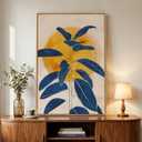 Framed Abstract Boho Blue Yellow Wall Art for Living Room, Mid Century Modern Sun and Leaf Canvas Artwork for Walls, Vertical Paintings Prints Pictures Wall Decor for Bedroom Kitchen Home, 24x36 Inch