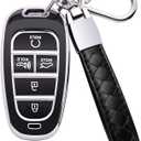 for Hyundai Key Fob Cover 5 Button Soft TPU with Leather Keychain 360 Degree Protection Car Key Case Shell Holder Fits for 2023 2022 2021 2020 Hyundai Sonata Santa fe Tucson, B Black