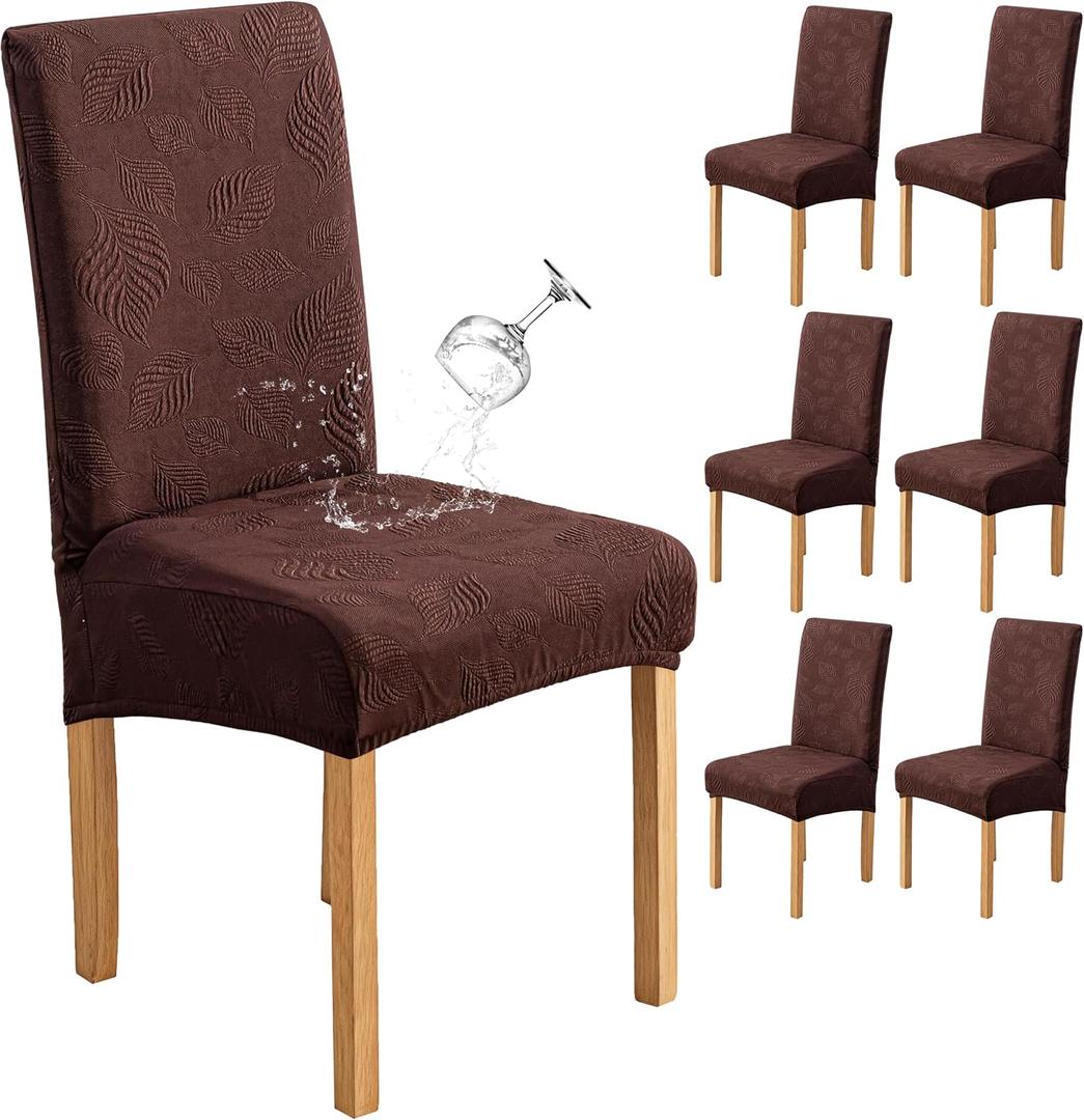 Genina Waterproof Dining Chair Covers Set of 6,Stretch Dining Room Chair Slipcovers with Leaf Jacquard,Removable Kitchen Chair Protector for Home,Restaurant,Banquet-Dark Brown