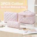 Makeup Bag for Women 3PCS Quilted Cotton Make Up Bag Travel Cosmetic Bag Large Makeup Bag Set Cute Makeups Organizer Floral Toiletry Pouch for Purse, Pink Floral D