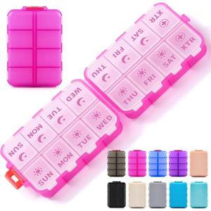 Foldable Weekly Pill Organizer 2 Times a Day with 2 Extra Compartments - Etched Labels - Portable 7 Day AM PM Medicine Box, Week Daily Travel Pill Case Holder for Meds, Vitamin, Supplement -Clear Pink