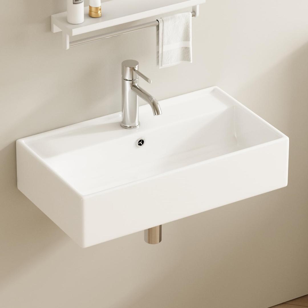 AmpleCharmic Wall Mount Bathroom Vessel Sink, 21’’ Rectangle Ceramic Basin for Small Bathroom Countertop with Pop-up Darin & Overflow, Modern White