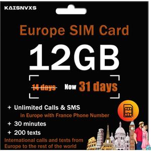 Prepaid SIM Card for Europe Travel with 12GB of 4G Data, Unlimited Calls and SMS in Europe with France Phone Number, 30 mins and 200 SMS from Europe to Worldwide(Lasts for 31 Days),Tethering Allowed