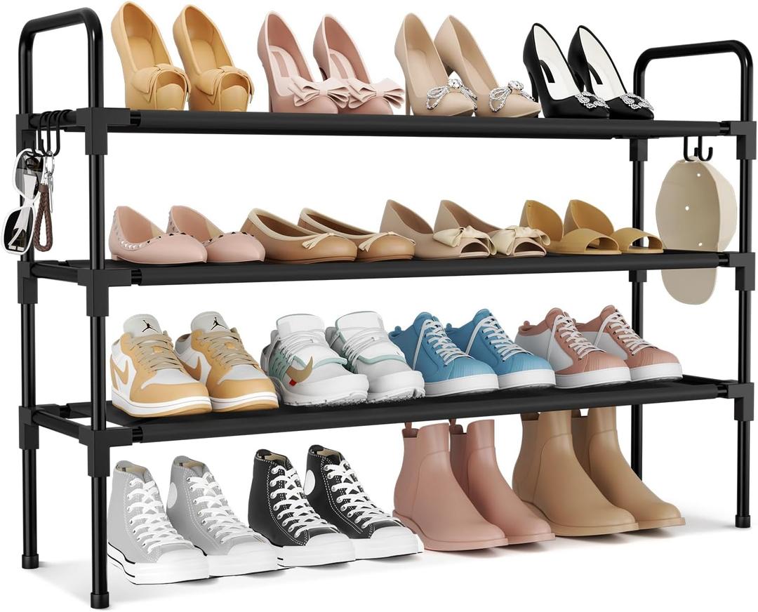 Long Shoe Rack for Closet, 12-16 Pairs Stackable Shoe Organizer, Shoe Shelf Storage for Sneakers & Boots Shoe Storage for Entryway Dorm Garage, Black, with 5 Hooks