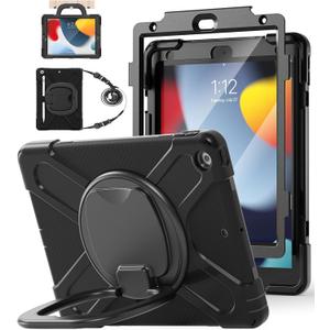 BATYUE for iPad 9th/ 8th/ 7th Generation Case (iPad 10.2 inch Rugged Case 2021/2020/2019) with Screen Protector, Rotating Stand/Pencil Holder/Carrying Shoulder Strap (Black)