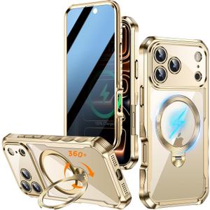 [360 Rotatable CD Stand & Built-in Privacy Screen Magnetic Case for iPhone 17 Pro [Compatible with MagSafe & Full Signal] Mil-Grade Shockproof Full Body Anti-Spy Cover for 17 Pro-Gold