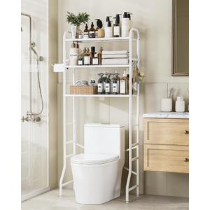 Over The Toilet Storage Rack, 3-Tier Metal Bathroom Organizer with Hooks, Over The Toilet Storage Cabinet, Space Saver Shelf for Bathroom, White, 23.6" x 13.0" x 63.4"