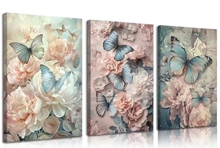 3pcs Butterfly And Floral Canvas Wall Art Pink Elegant Peony Florals Wall Decor Pictures Rustic Farmhouse Floral Posters Prints Paintings for Living Room Bedroom Bathroom Decoration Prepare To Hang, Size: 16"L x 12"W