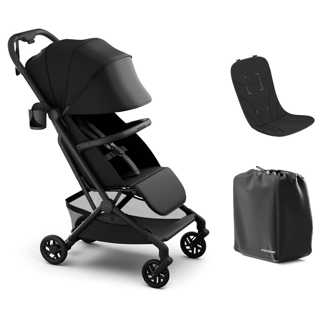 Mompush Velo Lightweight Travel Stroller, Compact & Airplane-Friendly for Baby and Toddler, Lie-Flat Seat, One-Hand Fold, with Leather Bumper Bar, Shoulder Strap, Raincover, Storage Bag & Cup Holder