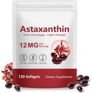 Astaxanthin 12mg, 120 Softgels, Premium Astaxanthin Antioxidant Supplements with Antioxidant Activity, Supports Eye, Skin, Joint & Immune System Health, Fresh Microalgae Source, Non-GMO & No Gluten, BBD 02/08/2028
