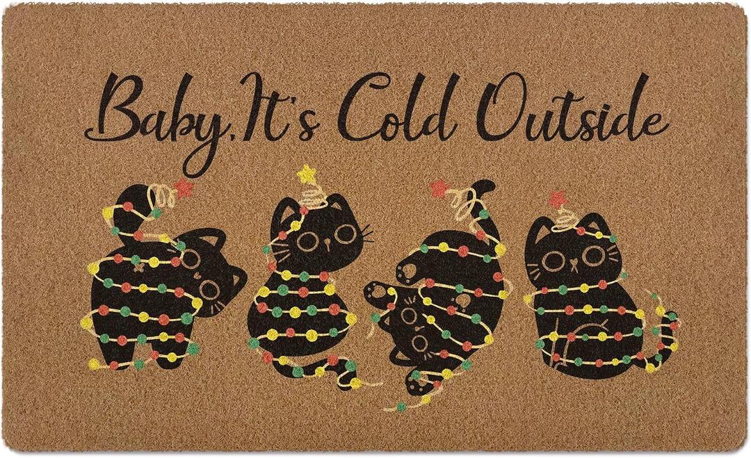 Cute Funny Christmas Black Cat Door Mat, Chrismas Cat Welcome Front Door Mat Indoor Outdoor Entrance, Xmas Holiday Artificial Coir Doormats Rugs for Porch Entryway Decor 30x17in