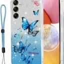 for Samsung Galaxy A14 5G Case with Lanyard,The Stars are Covered with a Glittering Butterfly Pattern for Samsung Galaxy A14 Phone Case (Blue)