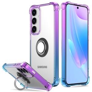 DAUPIN for Galaxy S25 Case Clear with 360 Rotation Metal Ring Holder Stand, Support Magnetic Car Phone Mount Soft TPU Bumper PC Hard Protective Phone Case for Samsung S25 5G (Purple Blue)