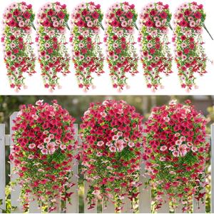 6 Pcs Artificial Fake Hanging Flowers Plants for Outdoor Decoration Faux Silk Long Vine UV Resistant Look Real for Spring Summer Outside Home Porch Patio(Red Pink)